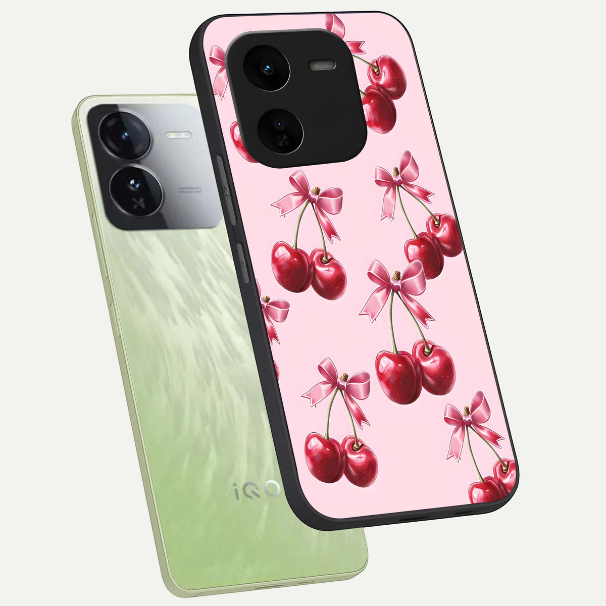  Red Cherries Pattern phone case For iQOO Z9x 5G showing premium glass back cover with detailed artwork