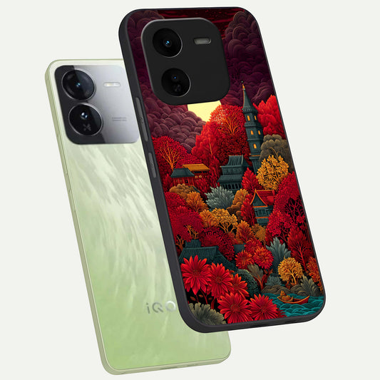  Scarlet Autumn Temple phone case For iQOO Z9x 5G showing premium glass back cover with detailed artwork