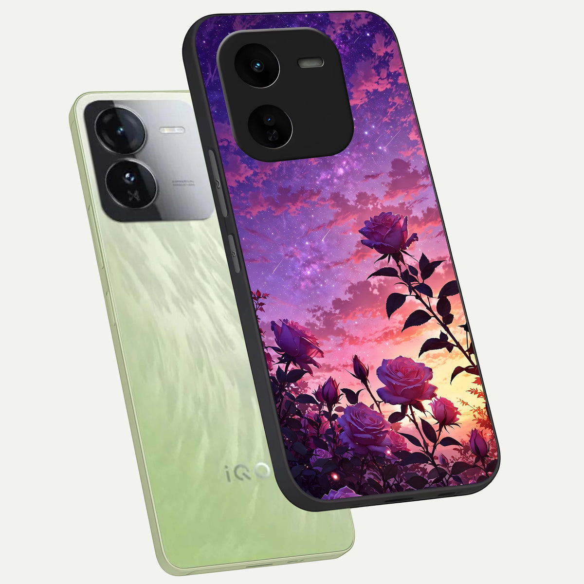  Starlit Rose Twilight phone case For iQOO Z9x 5G showing premium glass back cover with detailed artwork