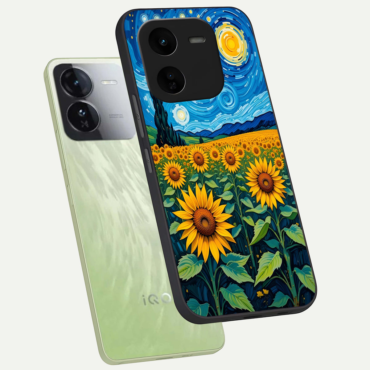  Starry Sunflower Dreams phone case For iQOO Z9x 5G showing premium glass back cover with detailed artwork