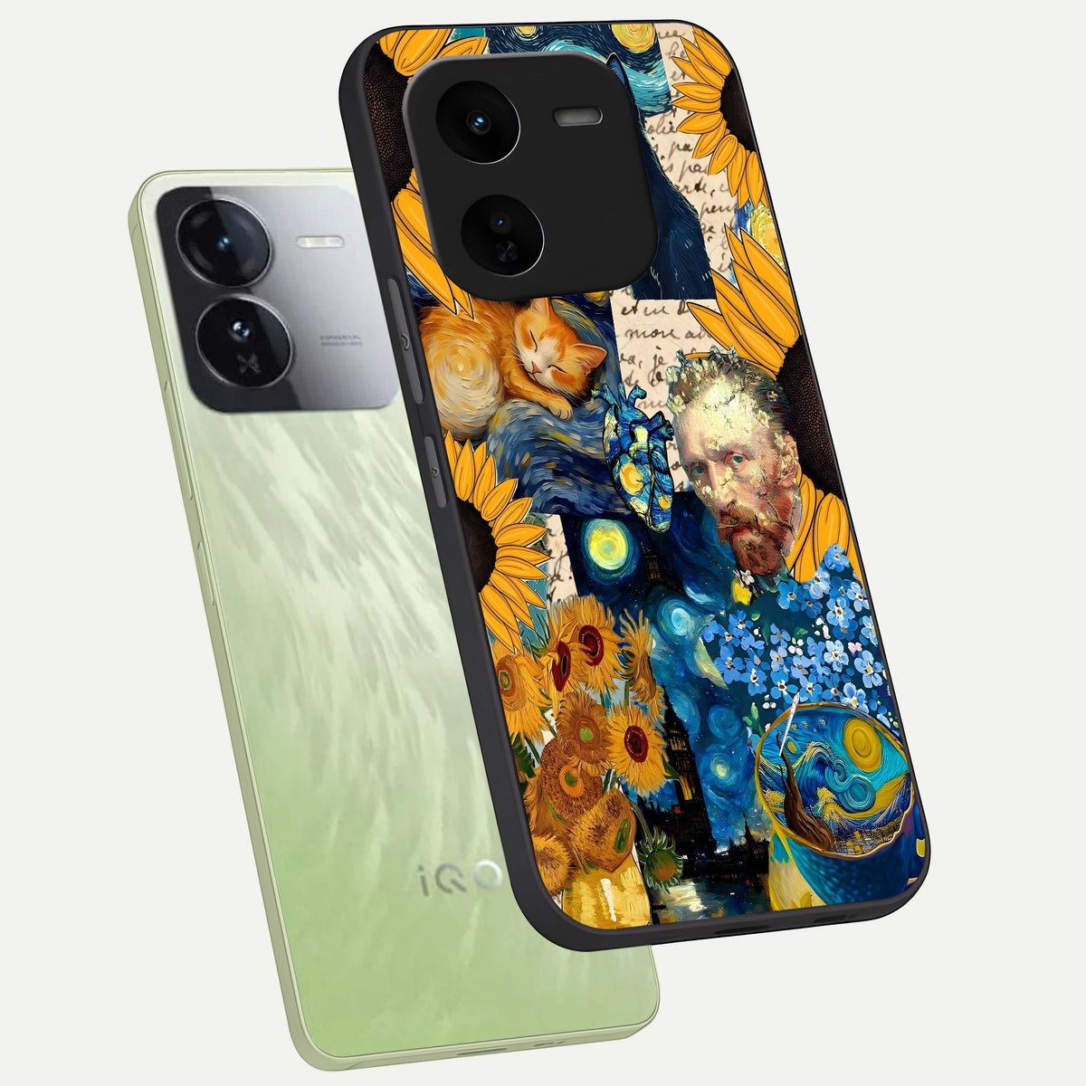  Sunflower Chic Mood Custom Name phone case For iQOO Z9x 5G showing premium glass back cover with detailed artwork