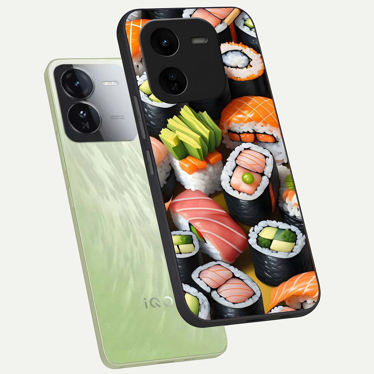  Sushi Food Pattern phone case For iQOO Z9x 5G showing premium glass back cover with detailed artwork