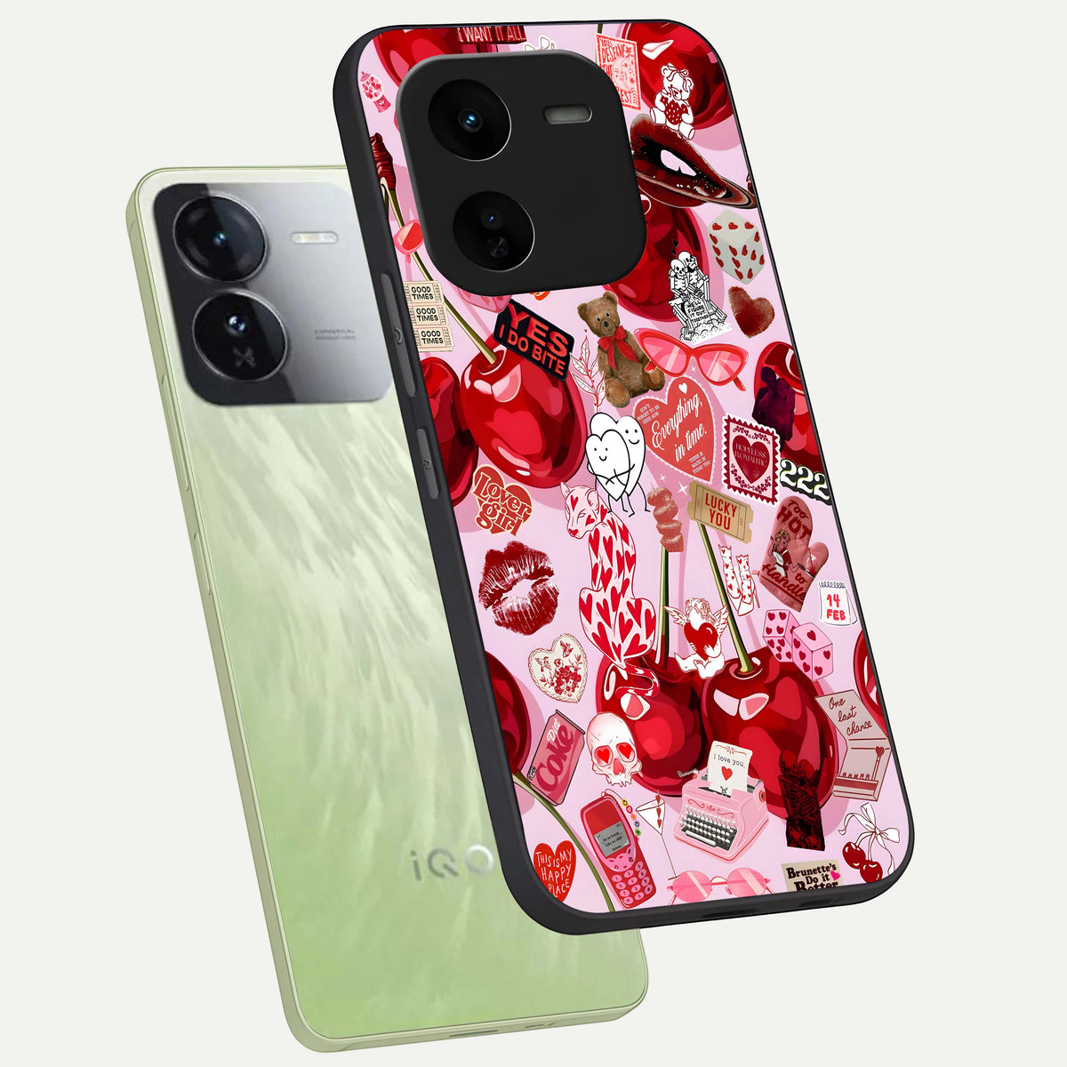  Sweet Cherry Chaos phone case For iQOO Z9x 5G showing premium glass back cover with detailed artwork