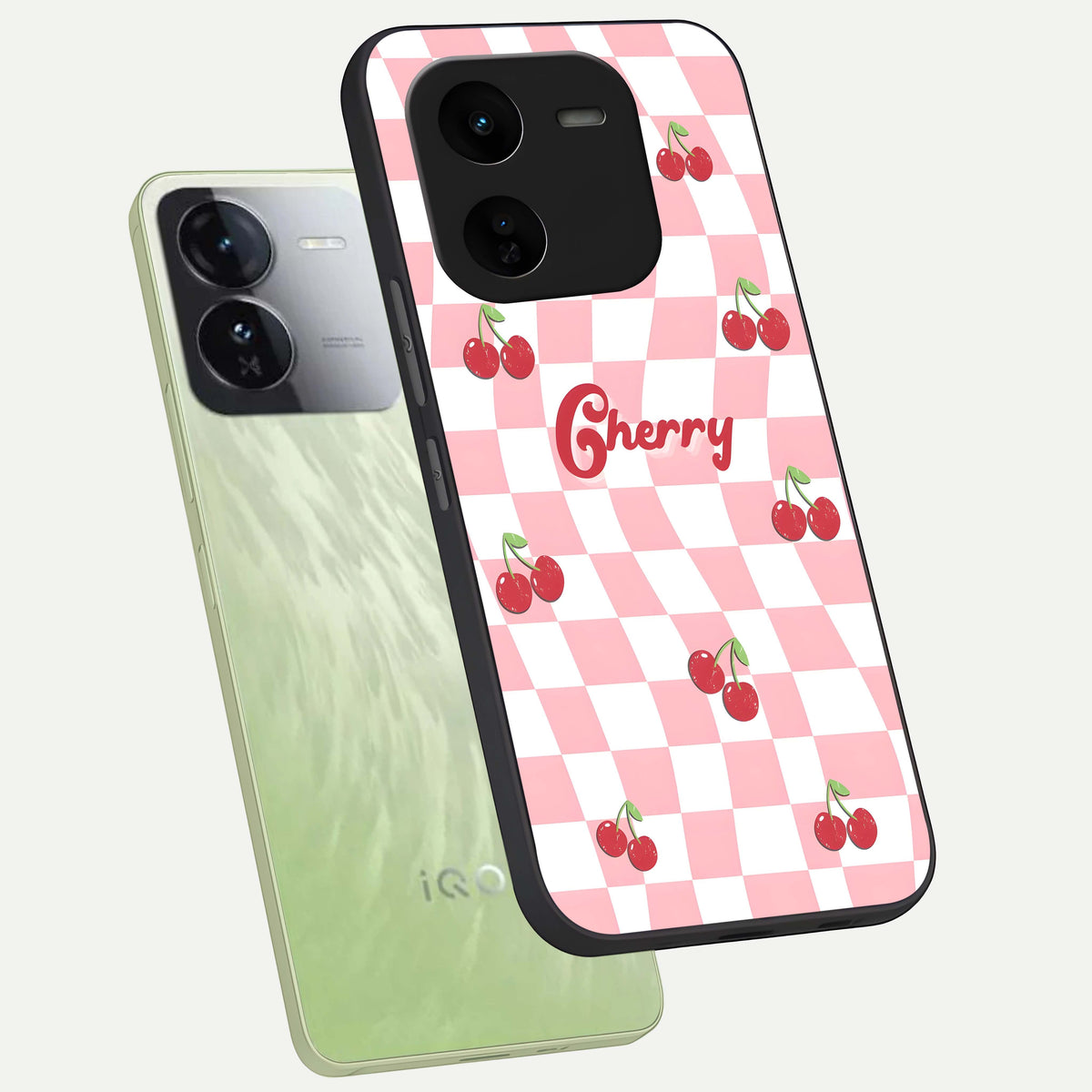  Sweet Cherry Vibes phone case For iQOO Z9x 5G showing premium glass back cover with detailed artwork