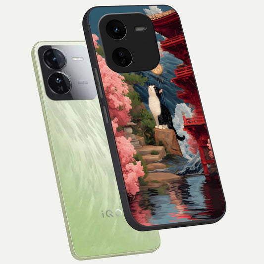  Temple Cat Scenery phone case For iQOO Z9x 5G showing premium glass back cover with detailed artwork