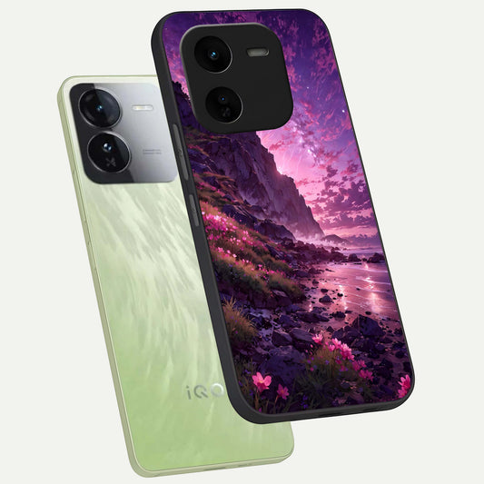  Twilight Blossom Coast phone case For iQOO Z9x 5G showing premium glass back cover with detailed artwork