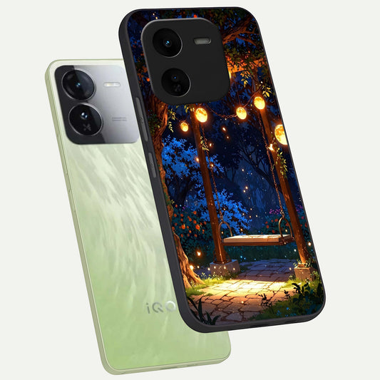  Twilight Garden Swing phone case For iQOO Z9x 5G showing premium glass back cover with detailed artwork