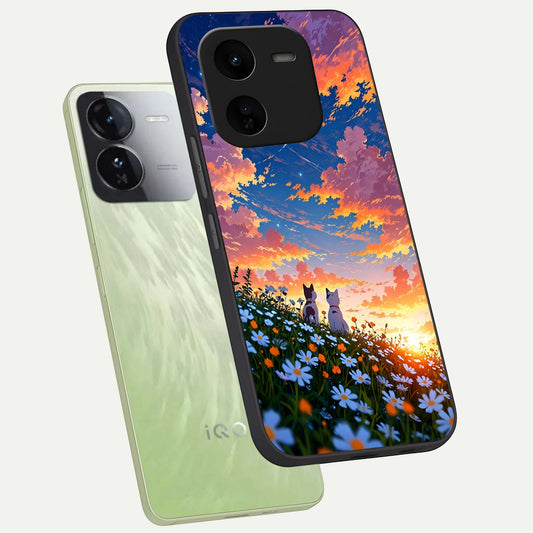  Two Cats Friends phone case For iQOO Z9x 5G showing premium glass back cover with detailed artwork