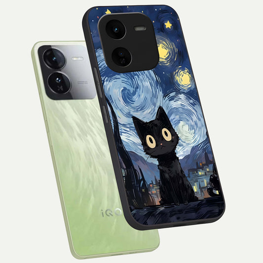  Van Gogh Cat phone case For iQOO Z9x 5G showing premium glass back cover with detailed artwork