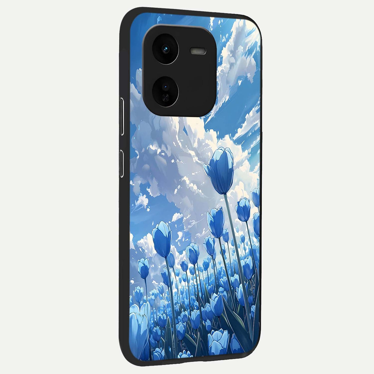  Blue Tulip Clouds back cover For iQOO Z9x 5G slim fit glass case with vibrant aesthetic design