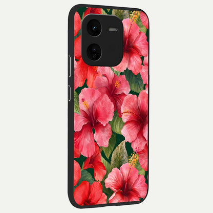  Hibiscus Pattern back cover For iQOO Z9x 5G slim fit glass case with vibrant aesthetic design