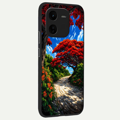  Red Trees Pathway back cover For iQOO Z9x 5G slim fit glass case with vibrant aesthetic design