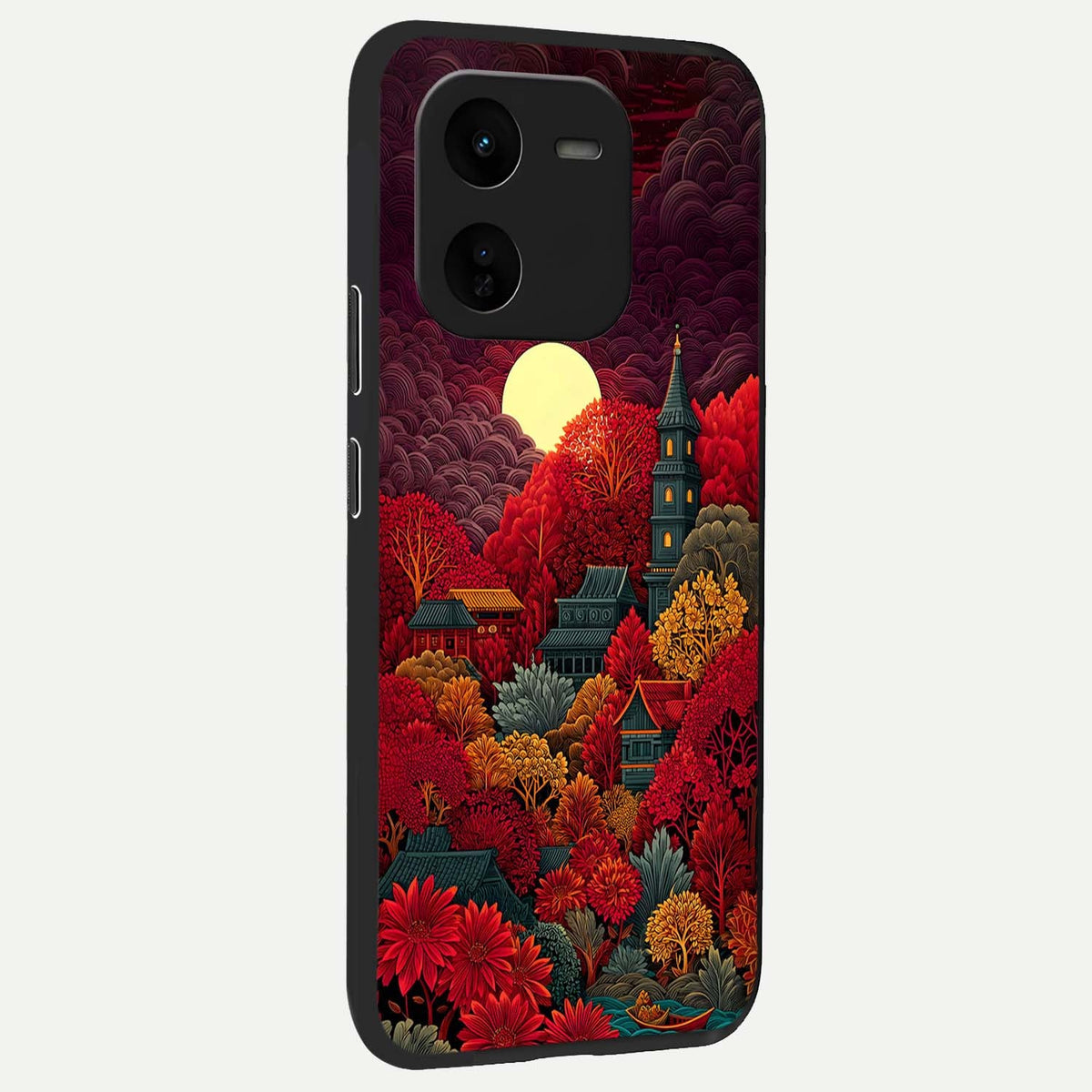  Scarlet Autumn Temple back cover For iQOO Z9x 5G slim fit glass case with vibrant aesthetic design