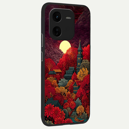  Scarlet Autumn Temple back cover For iQOO Z9x 5G slim fit glass case with vibrant aesthetic design