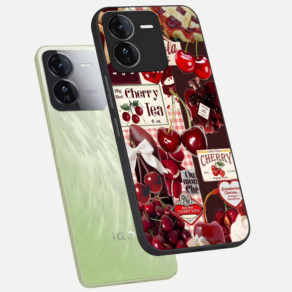  Aesthetic Cherry Tea phone case For iQOO Z9 showing premium glass back cover with detailed artwork