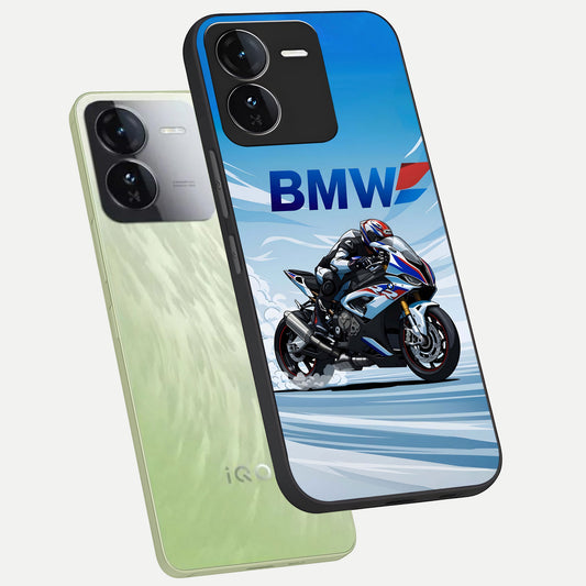  BMW Power Drift phone case For iQOO Z9 showing premium glass back cover with detailed artwork