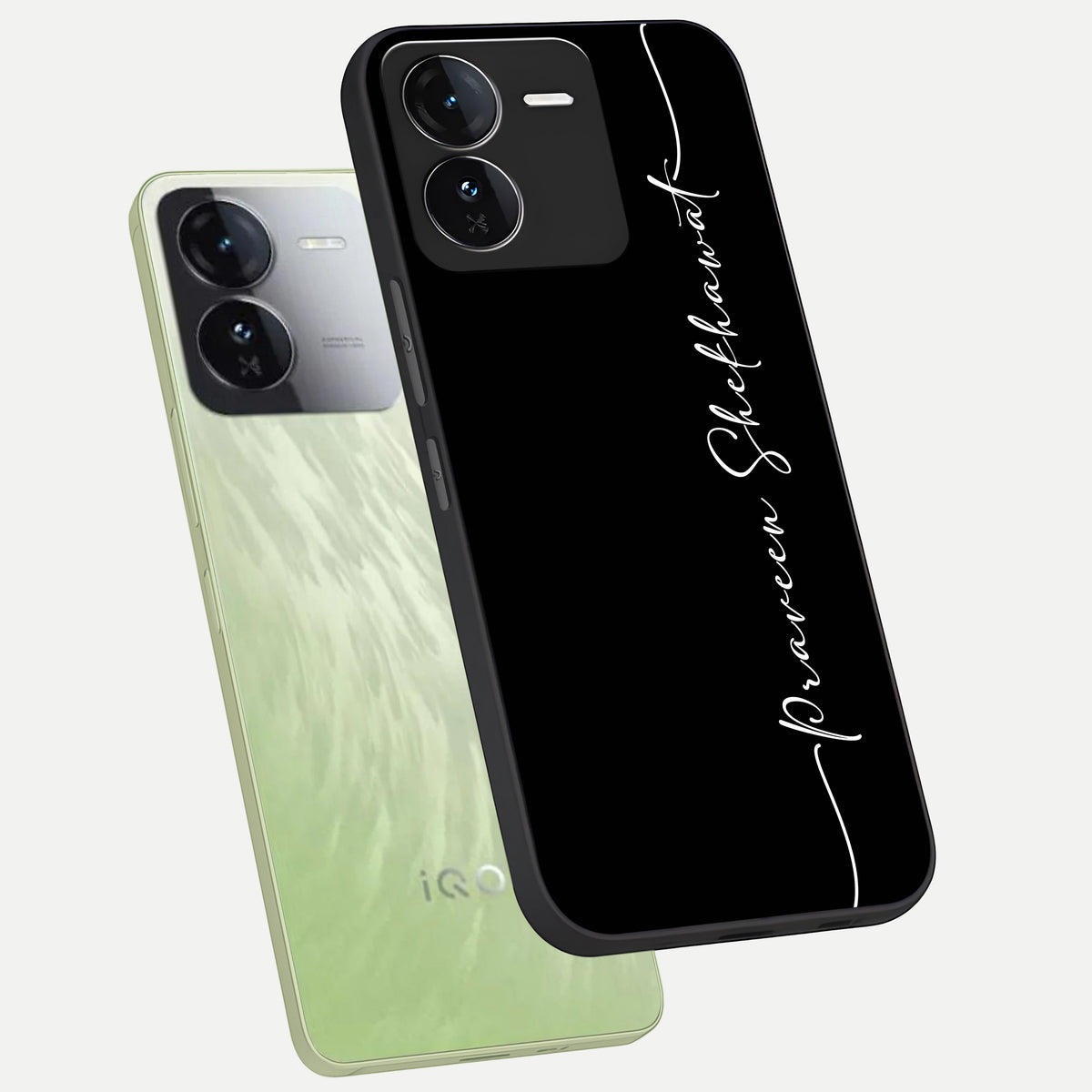  Black Tune Custom Name phone case For iQOO Z9 showing premium glass back cover with detailed artwork