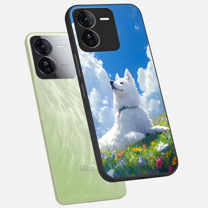  Blissful Cloud Pup phone case For iQOO Z9 showing premium glass back cover with detailed artwork