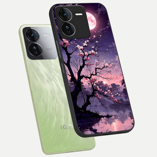  Blossom Pink Moon phone case For iQOO Z9 showing premium glass back cover with detailed artwork