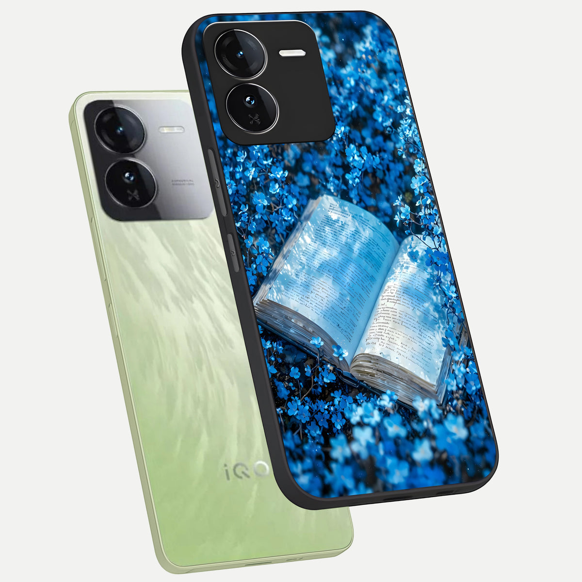  Blue Bloom Tales phone case For iQOO Z9 showing premium glass back cover with detailed artwork