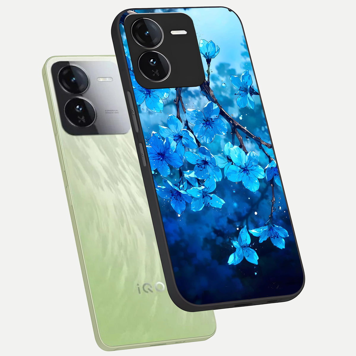  Blue Blossoms Branch phone case For iQOO Z9 showing premium glass back cover with detailed artwork