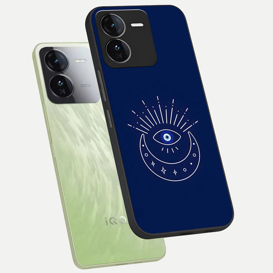  Blue Evil Eye phone case For iQOO Z9 showing premium glass back cover with detailed artwork