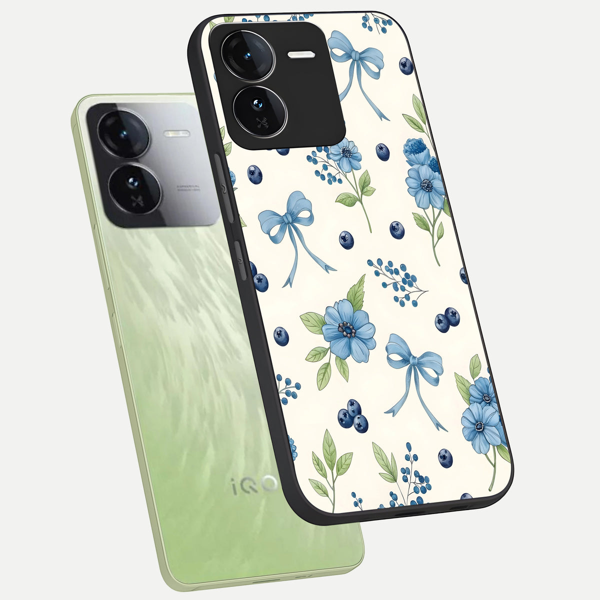  Blue Flower And Bow phone case For iQOO Z9 showing premium glass back cover with detailed artwork