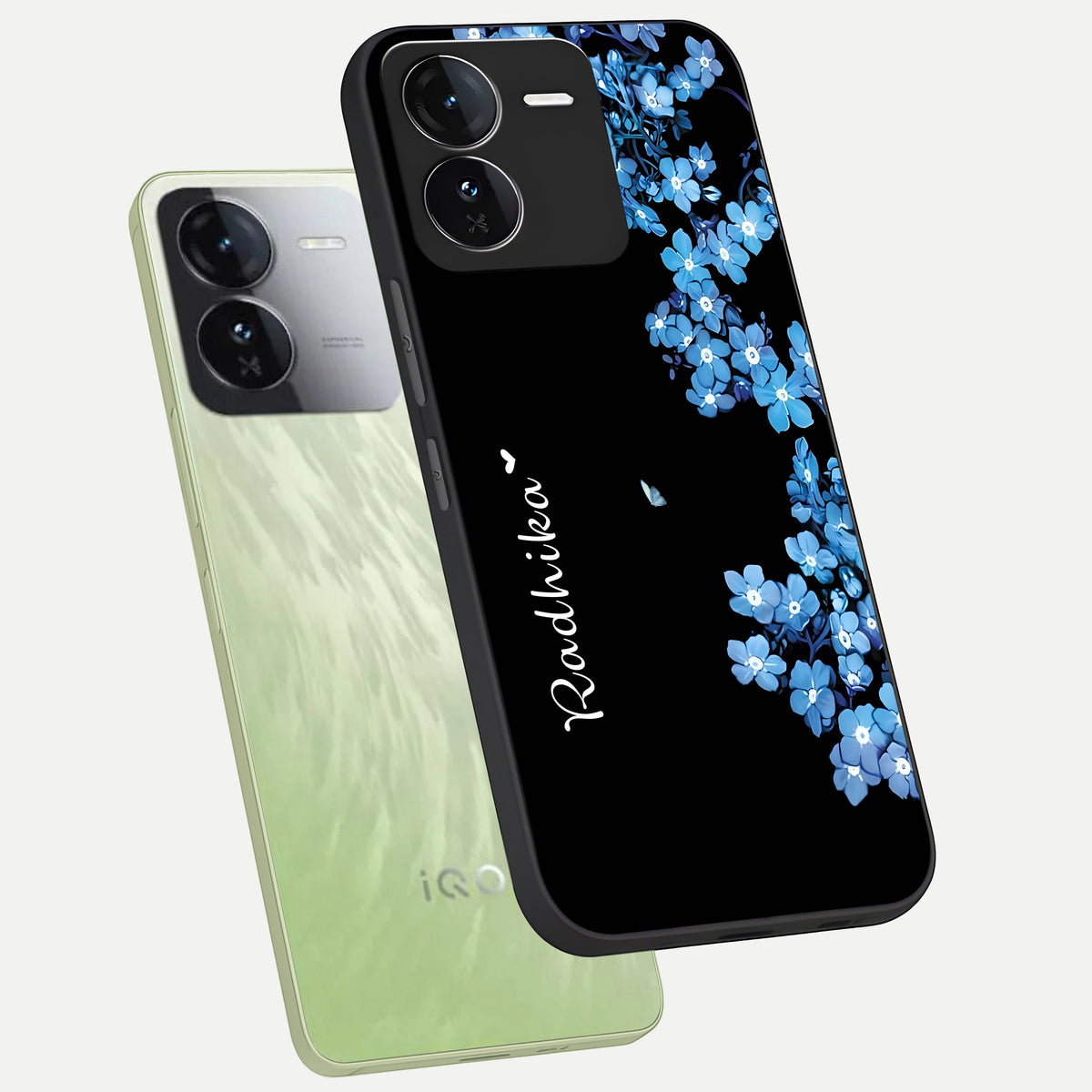  Blue Petal Dream Custom Name phone case For iQOO Z9 showing premium glass back cover with detailed artwork