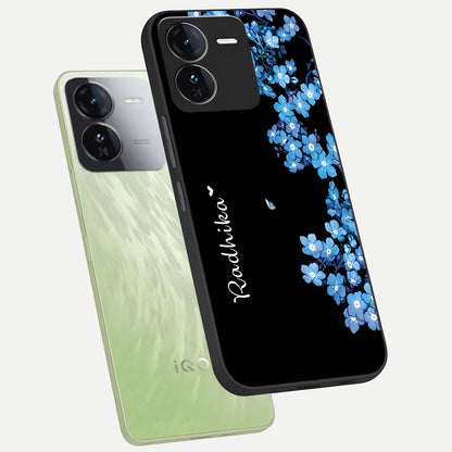  Blue Petal Dream Custom Name phone case For iQOO Z9 showing premium glass back cover with detailed artwork