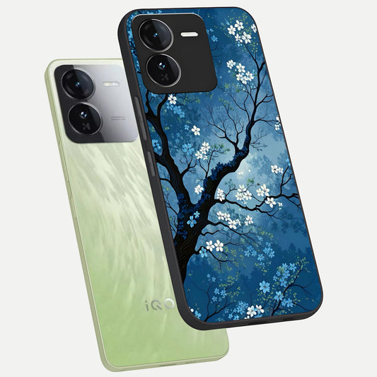  Blue Tree Serenity phone case For iQOO Z9 showing premium glass back cover with detailed artwork
