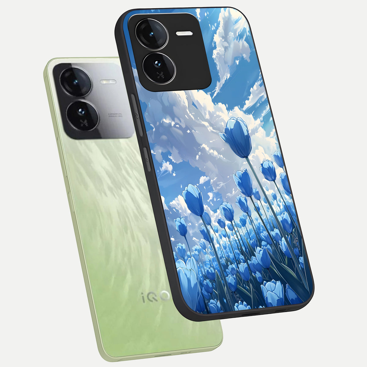  Blue Tulip Clouds phone case For iQOO Z9 showing premium glass back cover with detailed artwork