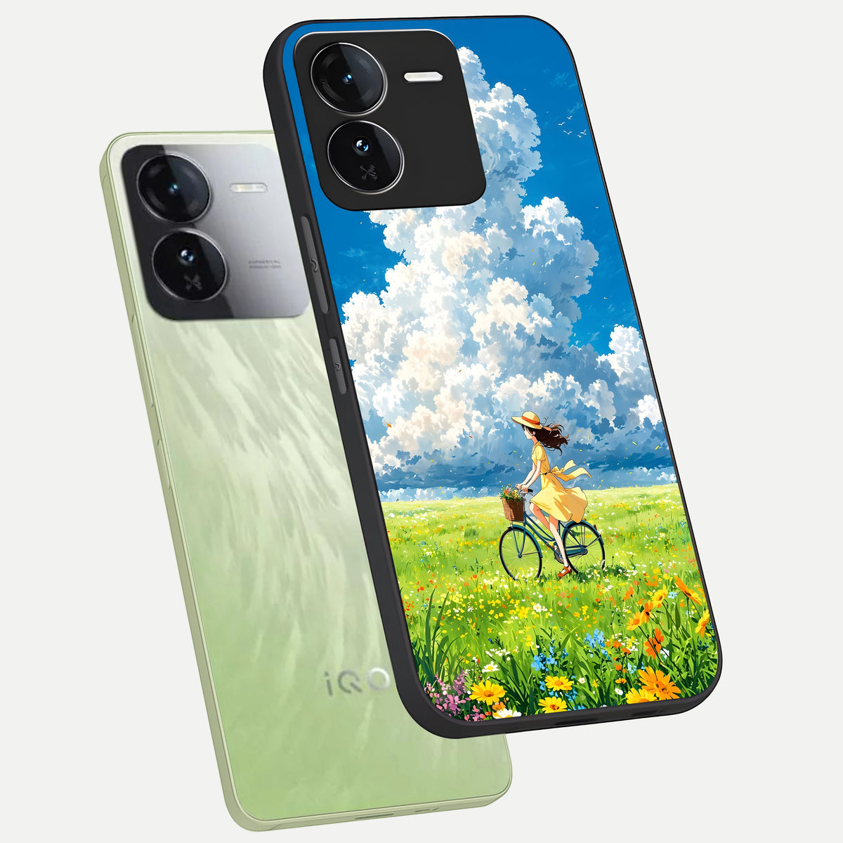  Breezy Meadow Ride phone case For iQOO Z9 showing premium glass back cover with detailed artwork