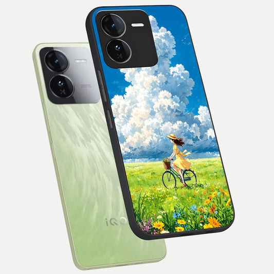  Breezy Meadow Ride phone case For iQOO Z9 showing premium glass back cover with detailed artwork
