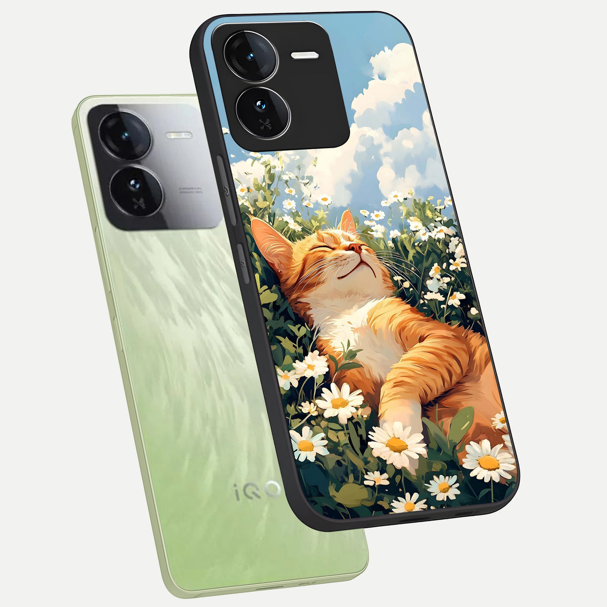  Cat And Flowers View phone case For iQOO Z9 showing premium glass back cover with detailed artwork