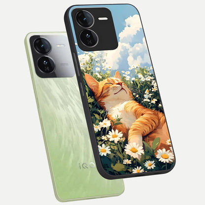  Cat And Flowers View phone case For iQOO Z9 showing premium glass back cover with detailed artwork