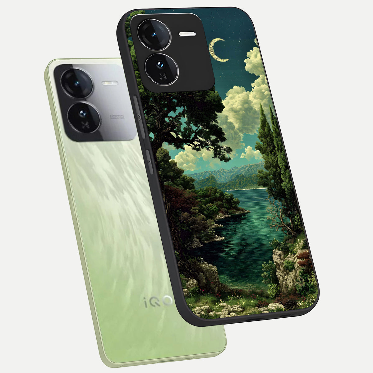  Celestial Lake Peace phone case For iQOO Z9 showing premium glass back cover with detailed artwork