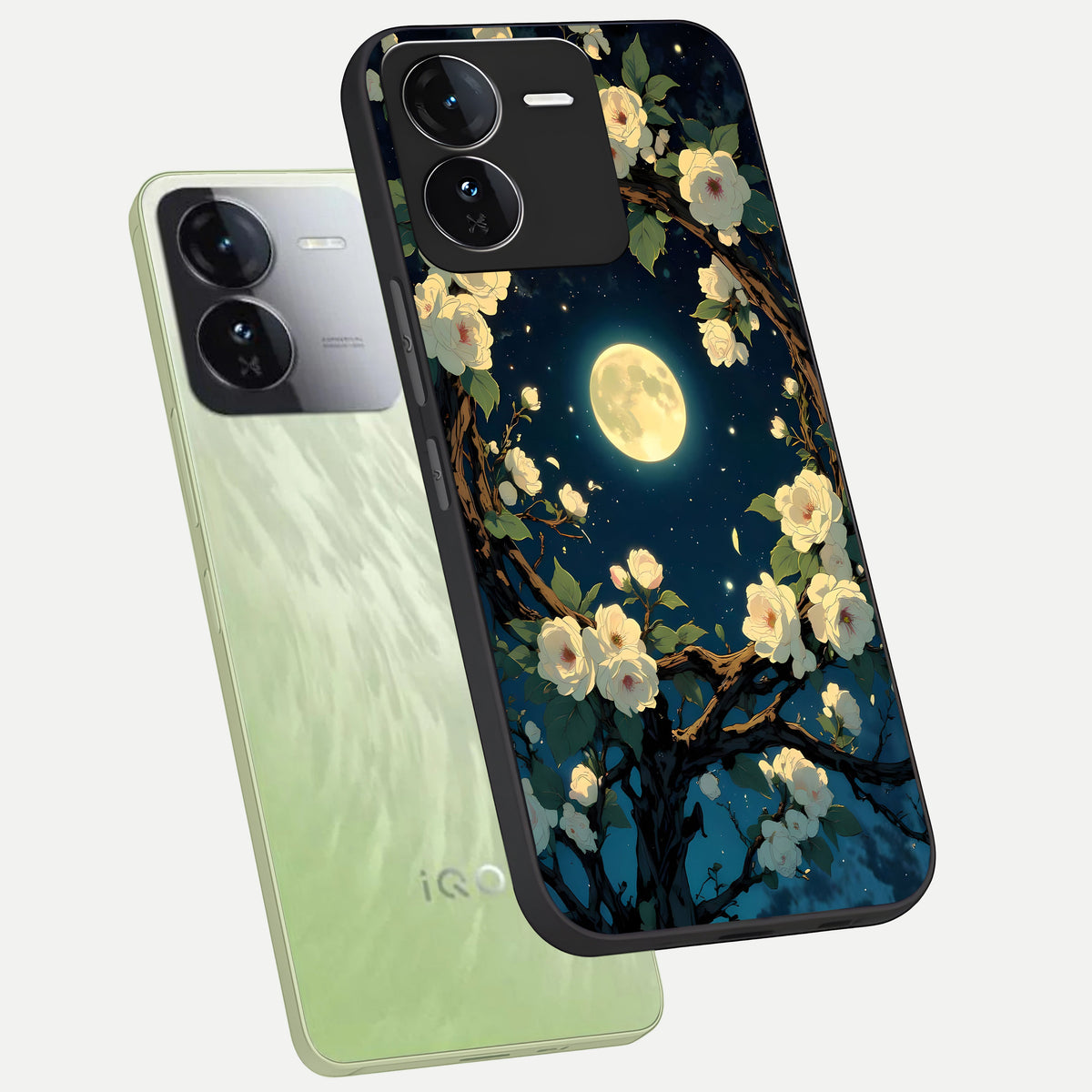 Celestial Moon And Flower phone case For iQOO Z9 showing premium glass back cover with detailed artwork