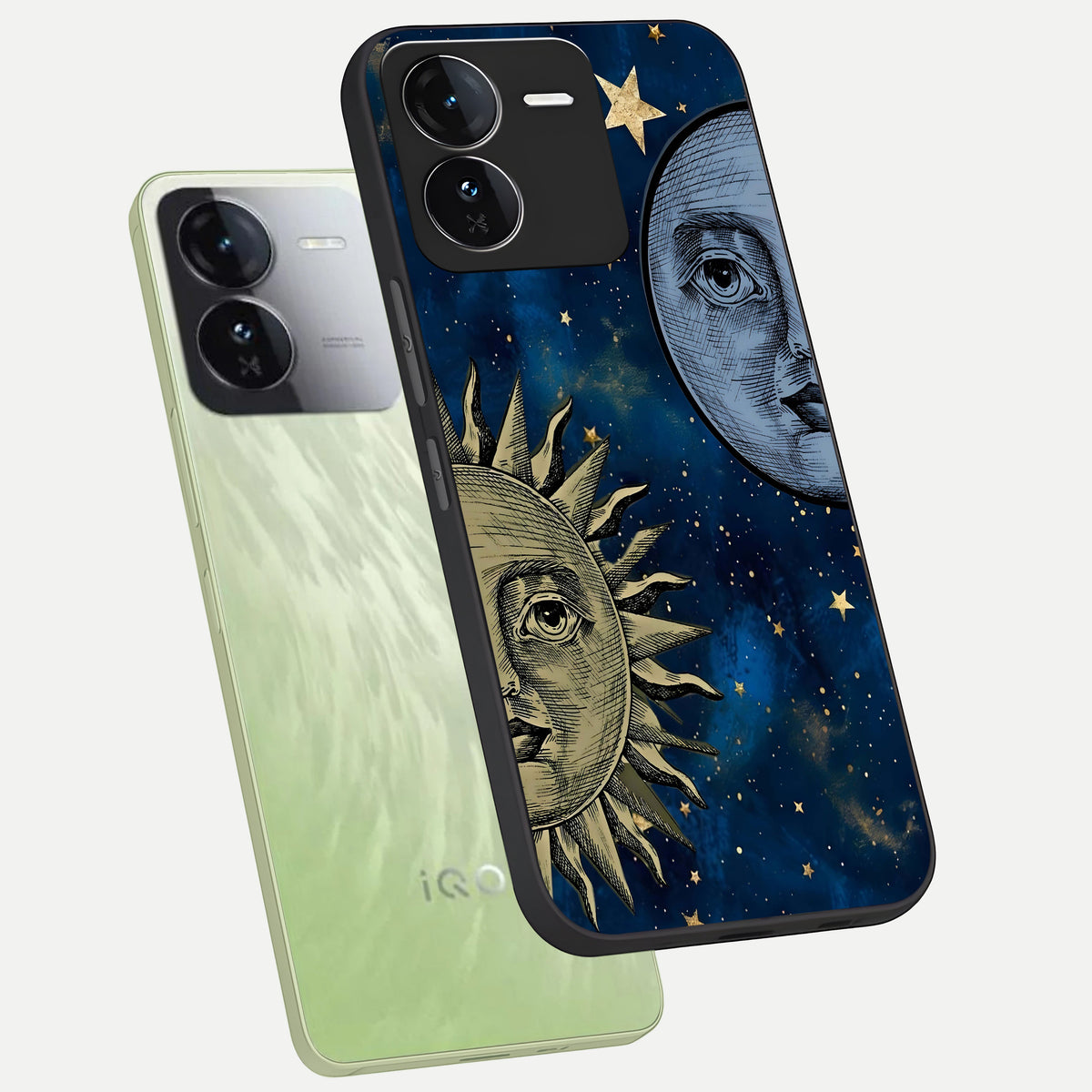  Celestial Moon With Sun phone case For iQOO Z9 showing premium glass back cover with detailed artwork