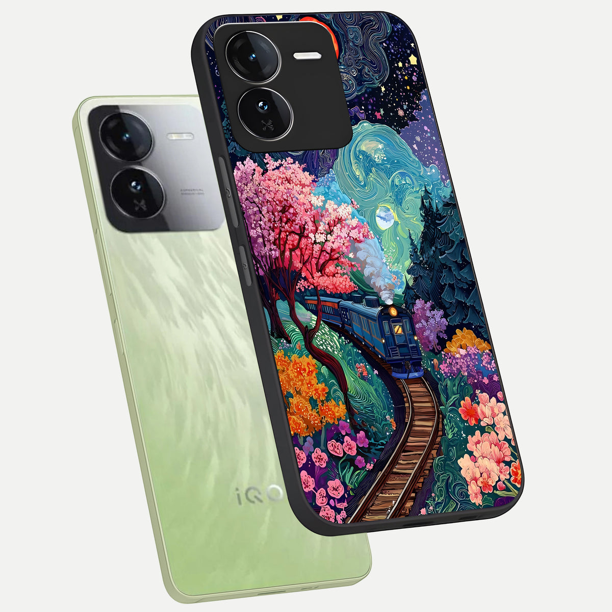  Celestial Train Journey phone case For iQOO Z9 showing premium glass back cover with detailed artwork