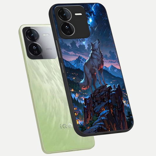  Celestial Wolf Howl phone case For iQOO Z9 showing premium glass back cover with detailed artwork