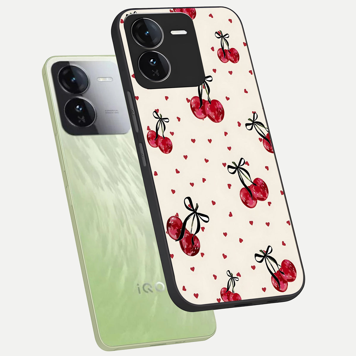  Cherry Heart Bow phone case For iQOO Z9 showing premium glass back cover with detailed artwork
