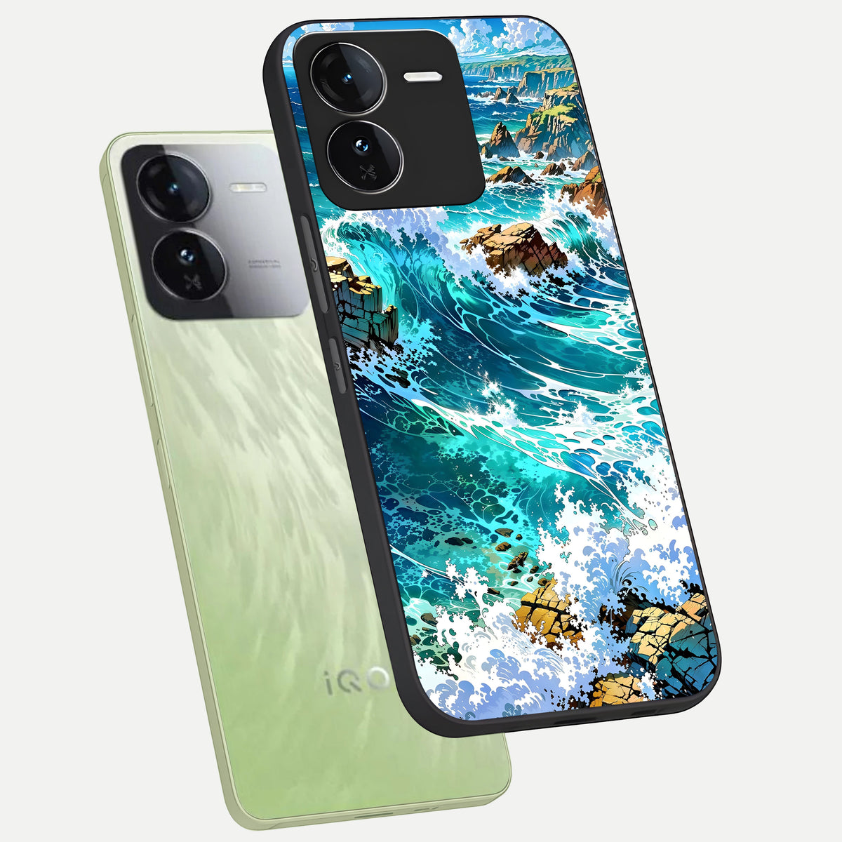  Coastal Blue Waves phone case For iQOO Z9 showing premium glass back cover with detailed artwork