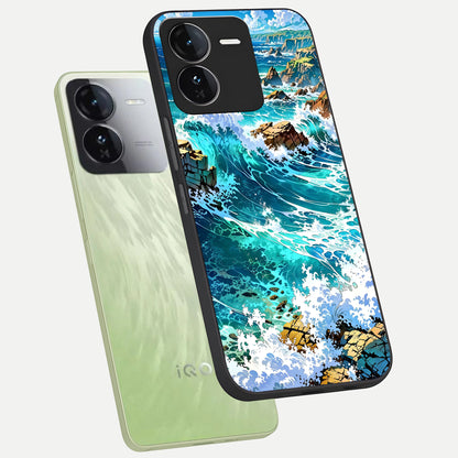  Coastal Blue Waves phone case For iQOO Z9 showing premium glass back cover with detailed artwork