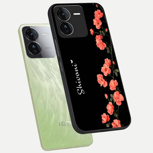  Crimson Bloom Grace Custom Name phone case For iQOO Z9 showing premium glass back cover with detailed artwork
