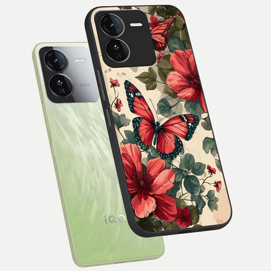  Crimson Butterfly Garden phone case For iQOO Z9 showing premium glass back cover with detailed artwork