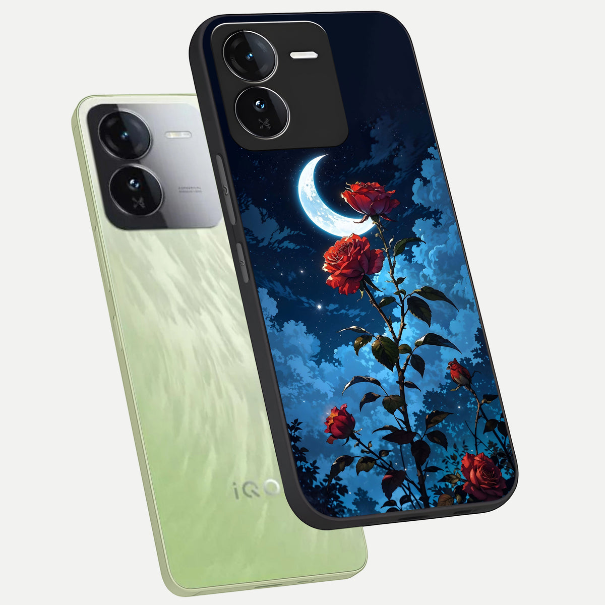  Crimson Rose Moon phone case For iQOO Z9 showing premium glass back cover with detailed artwork