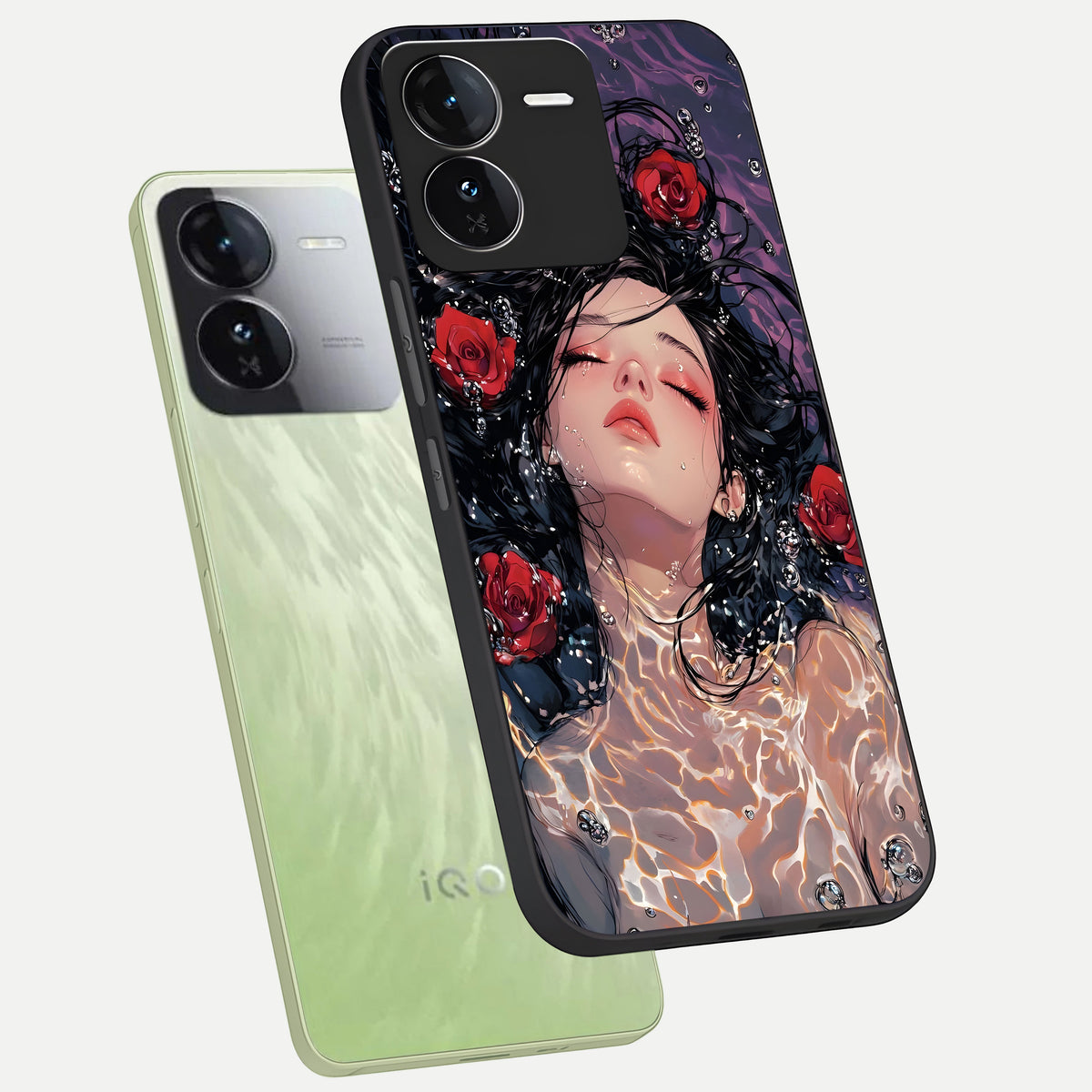  Crimson Rose Serenity phone case For iQOO Z9 showing premium glass back cover with detailed artwork