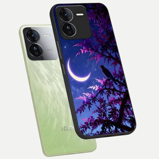  Crow And Moon Scenery phone case For iQOO Z9 showing premium glass back cover with detailed artwork