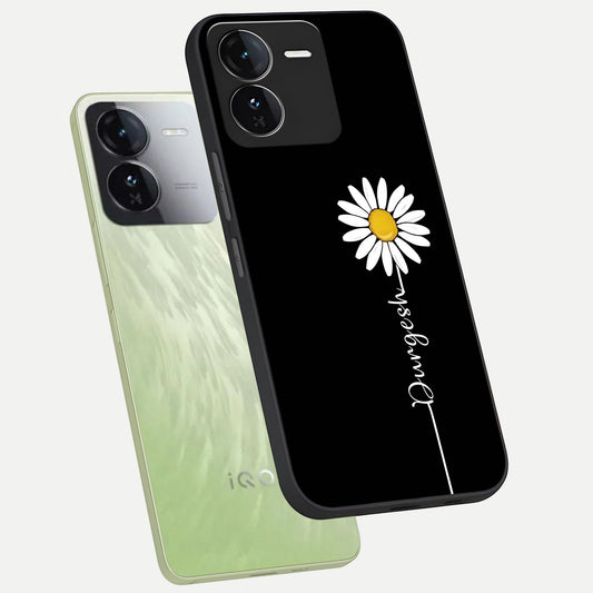  Custom Name White Flower phone case For iQOO Z9 showing premium glass back cover with detailed artwork