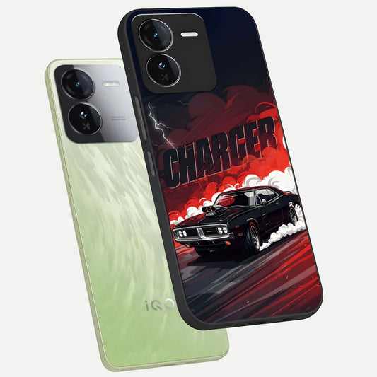  Dark Charger Fury phone case For iQOO Z9 showing premium glass back cover with detailed artwork